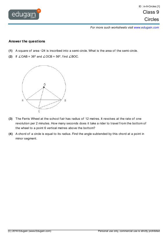 Grade 9 Math Worksheets and Problems Circles Edugain Canada