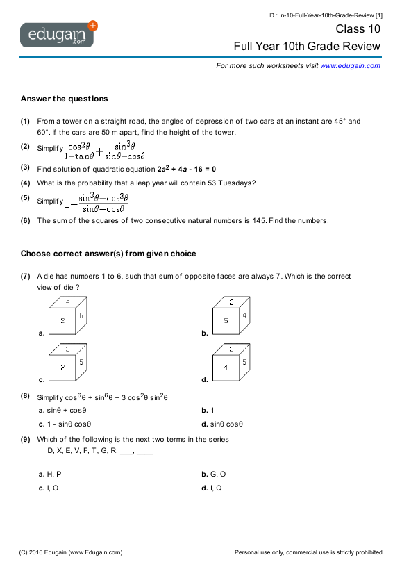 Grade 10 Full Year 10th Grade Review Math Practice Questions 