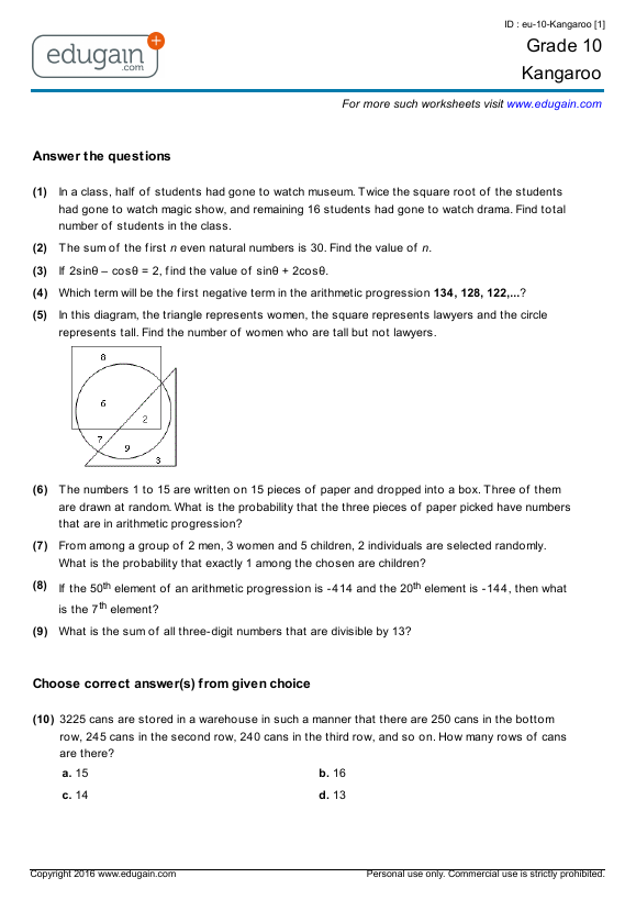 Grade 10 Canadian Math Kangaroo Contest Preparation Online Practice Questions Tests