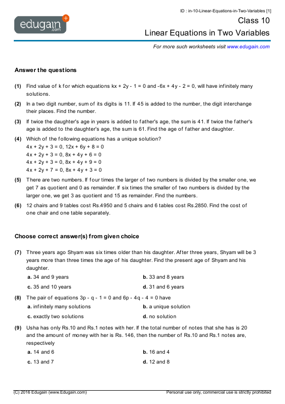 Grade 10 - Linear Equations in Two Variables | Math Practice, Questions
