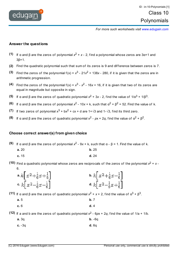 Grade 10 Math Worksheets and Problems: Polynomials ...