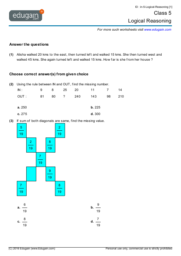 Grade 5 Logical Reasoning Math Practice Questions Tests 