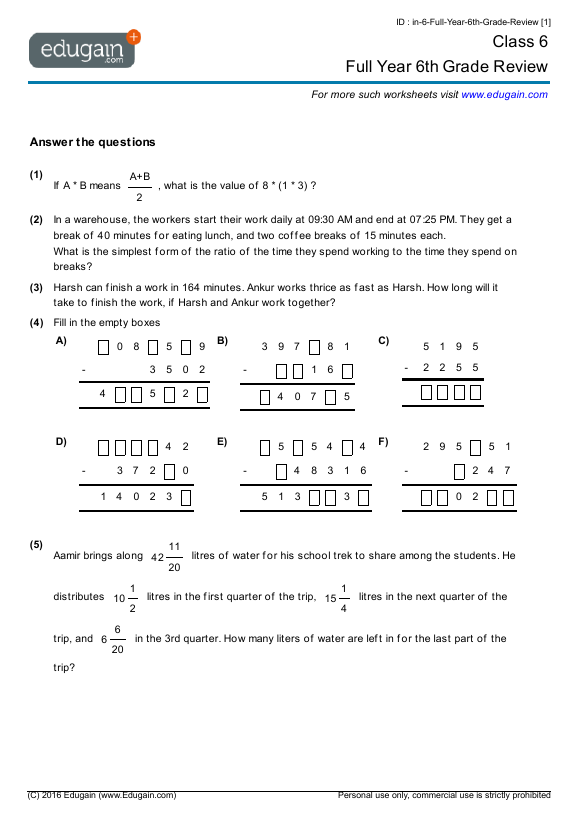 Grade 6 Math Worksheets and Problems: Full Year 6th Grade ...