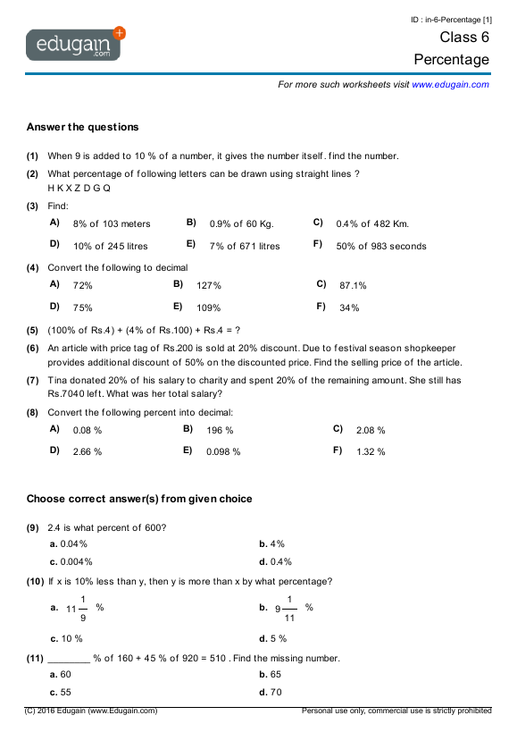 Grade 6 - Percentage | Math Practice, Questions, Tests, Worksheets