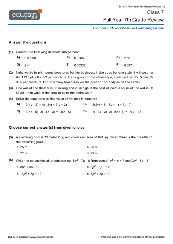 Grade 7 - Full Year 7th Grade Review | Math Practice, Questions, Tests