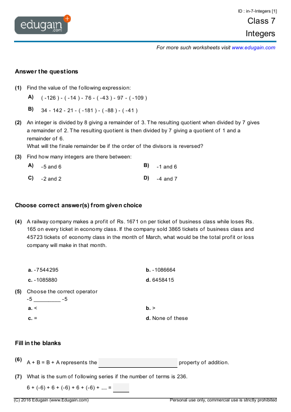Grade 7 Math Worksheets and Problems: Integers | Edugain ...