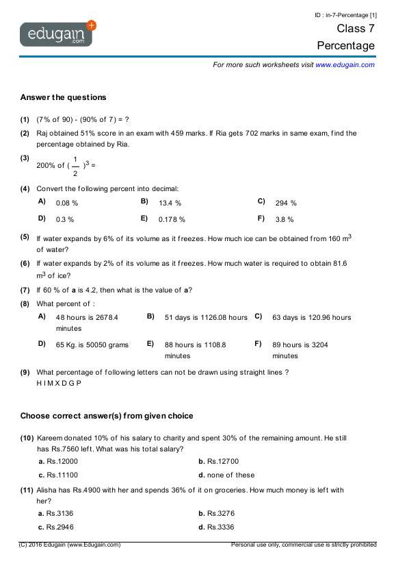 Grade 7 Percentage Math Practice Questions Tests Worksheets 