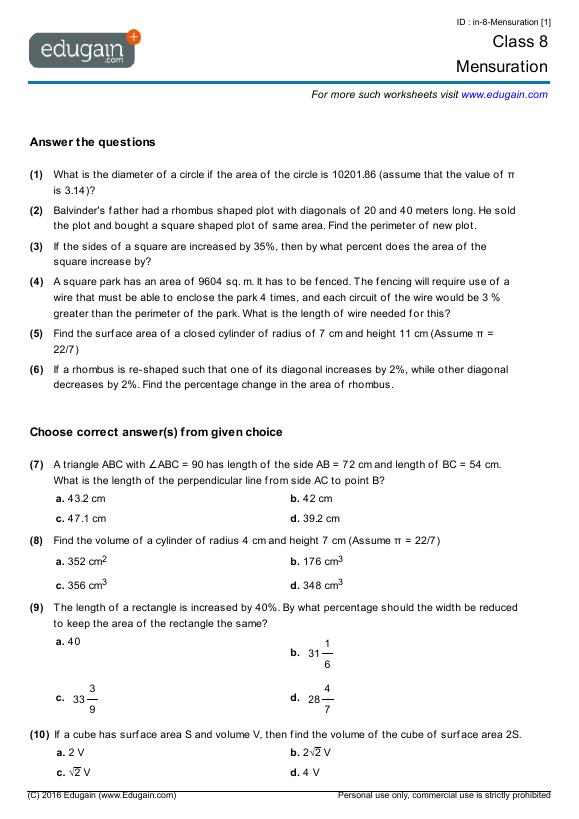 grade 8 mensuration math practice questions tests worksheets