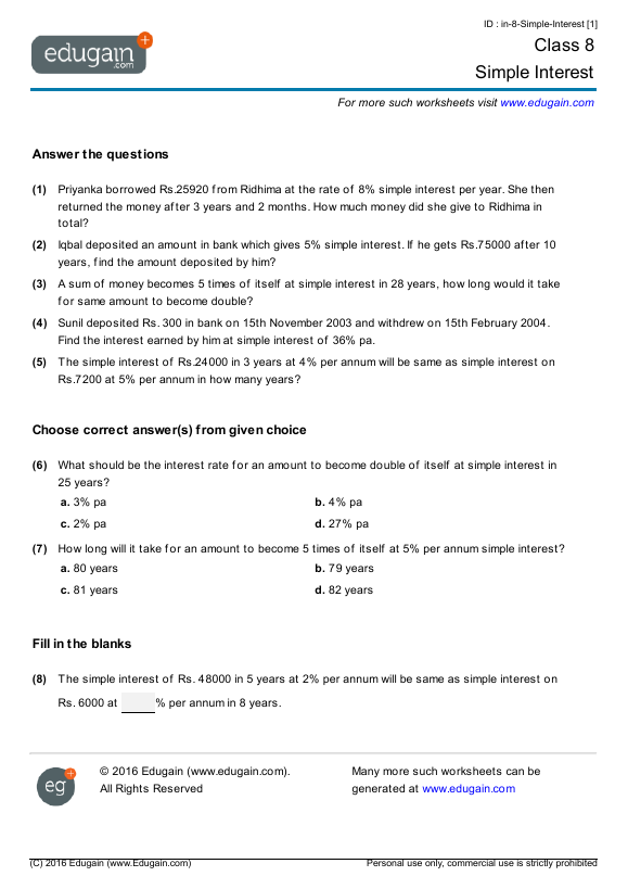 Grade 8 Simple Interest Math Practice Questions Tests Worksheets 