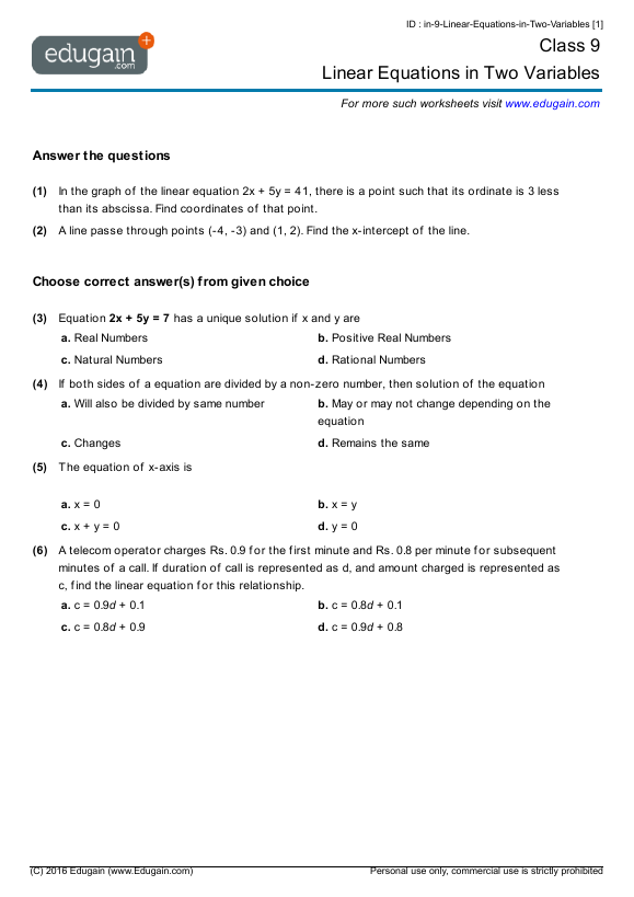 linear equations objective questions